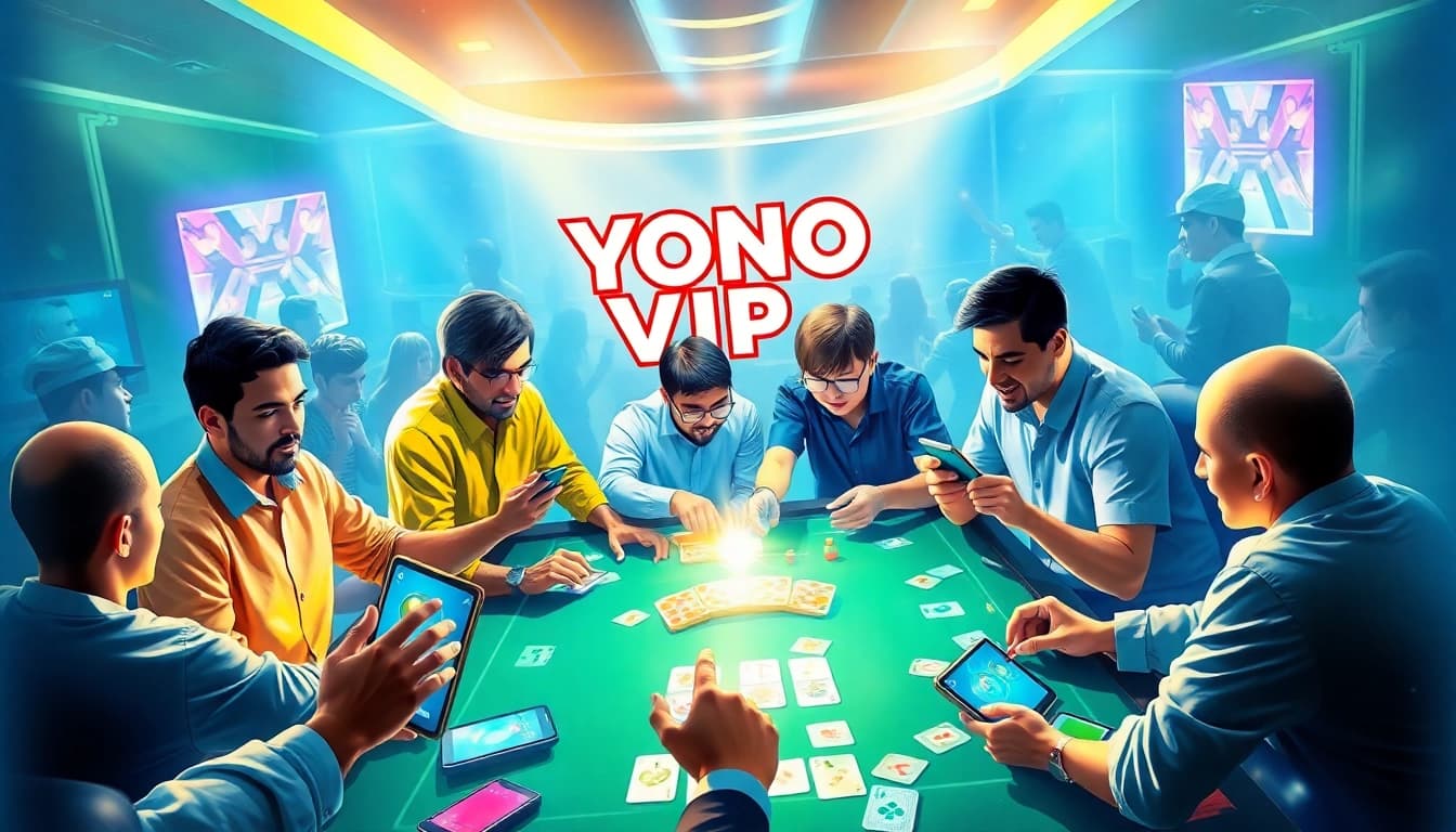 Engaging scene of players enjoying Yono VIP online gaming with tablets and vibrant colors.