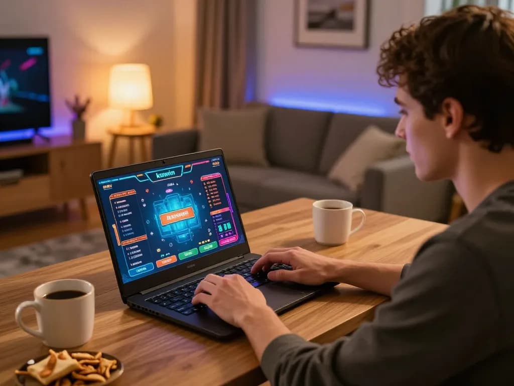 Kuwin online gamers engaged in strategic gameplay using laptop at home.