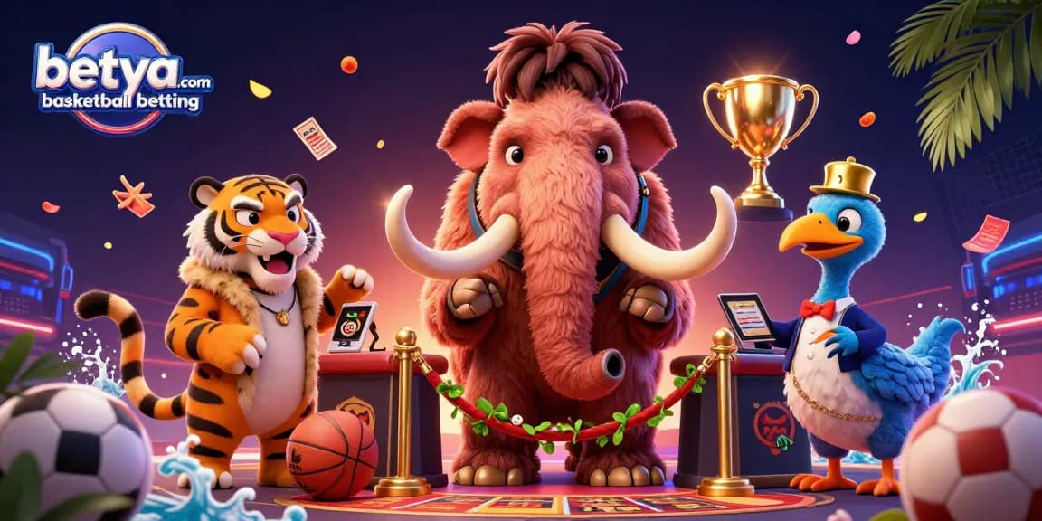 Engage in betya.com basketball betting with vibrant characters and dynamic casino elements in a lively scene.