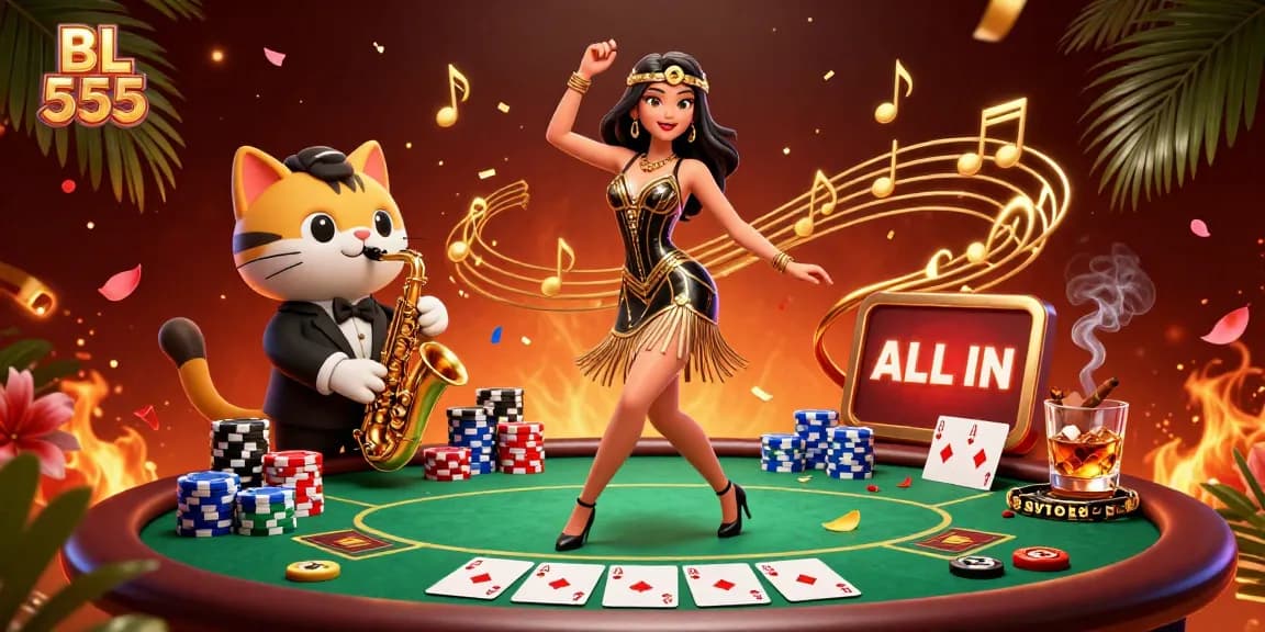 Engage in the excitement of BL 555 with a festive casino scene featuring vibrant game elements and lively characters.