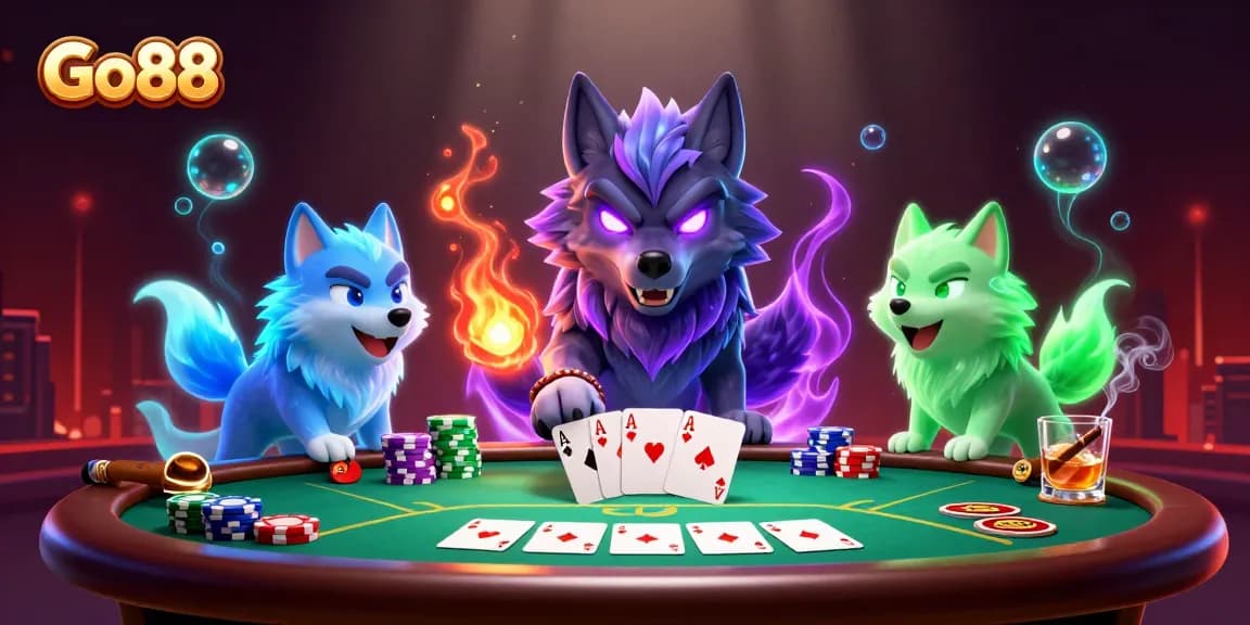 Experience thrilling gameplay at Go88 with a vibrant poker scene featuring glowing wolves and dynamic elements.