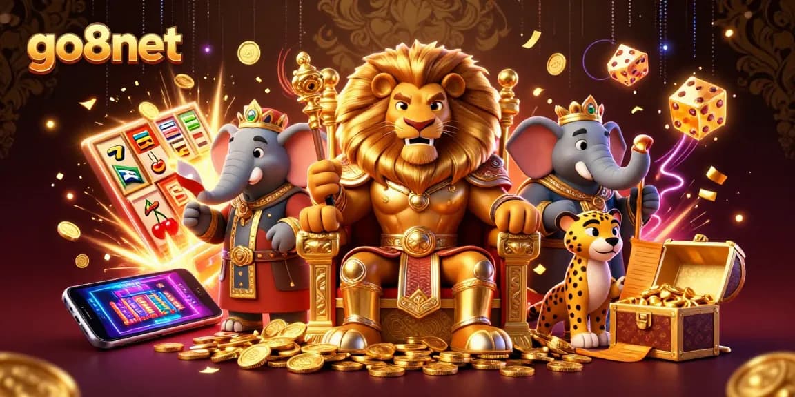 Engage with go8net through an immersive casino adventure featuring a lion king and gambling symbols.