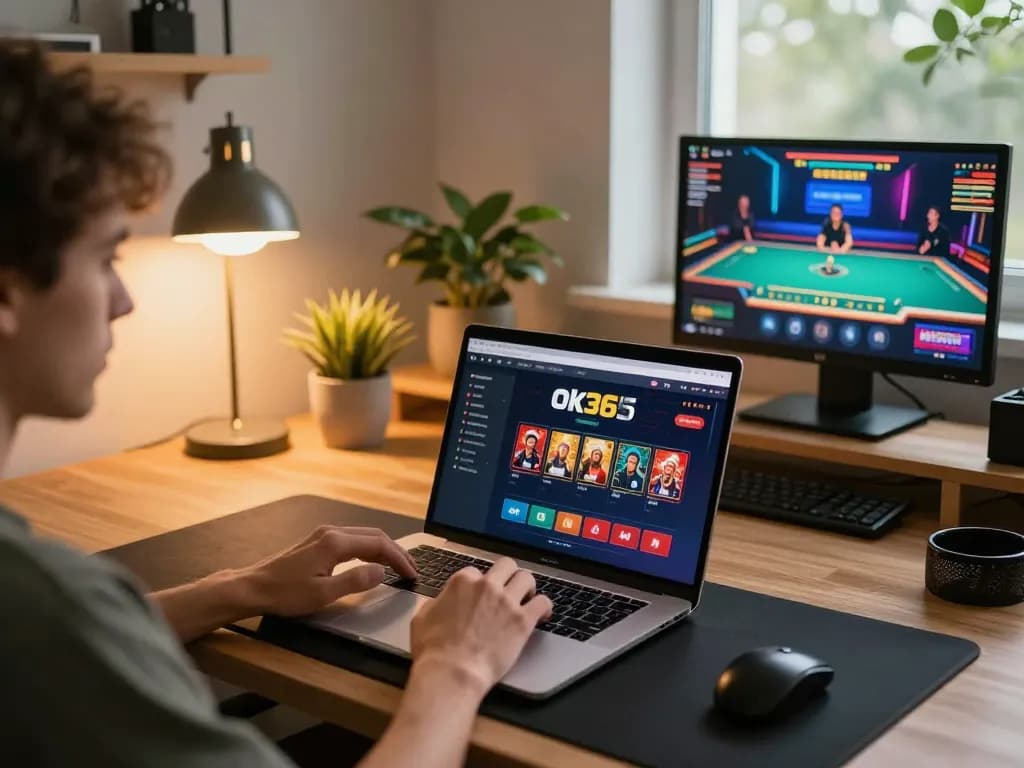 Player engaged in online gaming at ok365, showcasing casino interface and cozy atmosphere