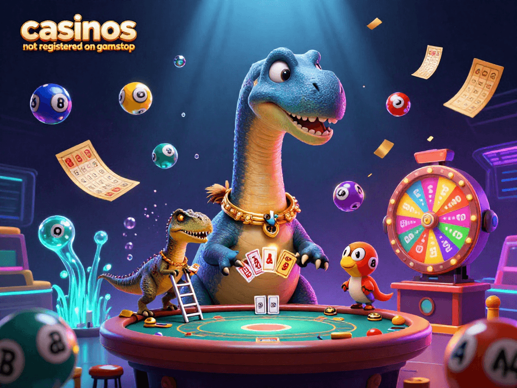 Experience casinos not registered on gamstop with vibrant elements and colorful characters in a dynamic casino scene.