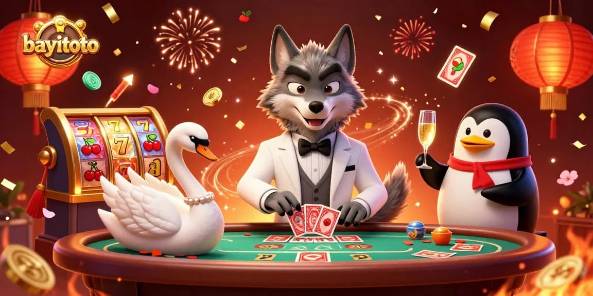 Experience the rich gaming atmosphere with bayitoto, featuring a debonair wolf and elegant characters at a bustling slot table.