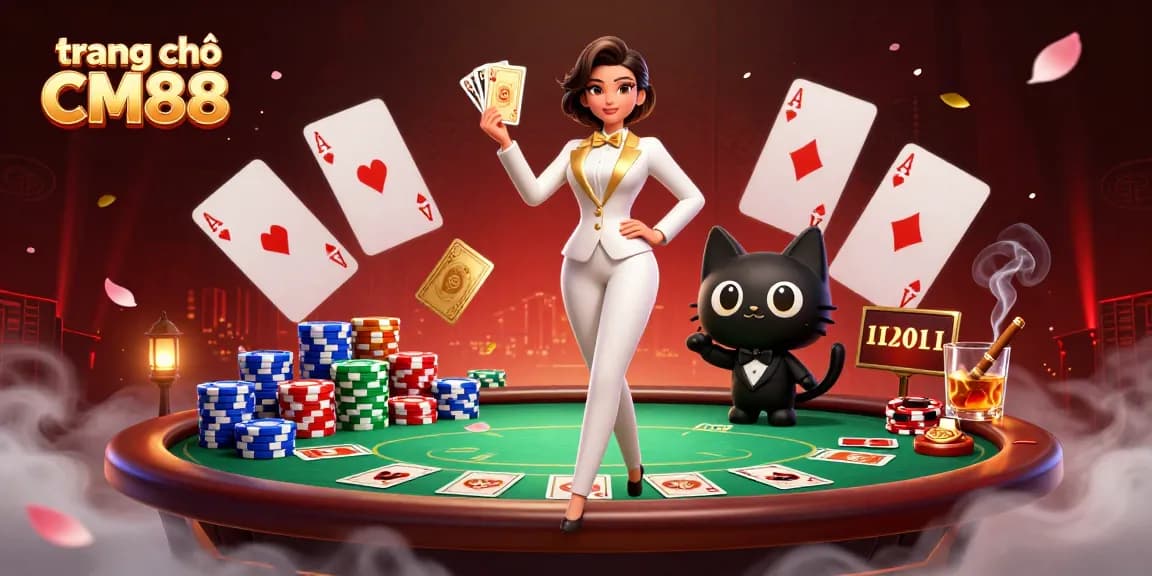 Engage with trang chủ CM88 as a glamorous woman shuffles cards with a stylish cat, amidst vibrant casino elements.