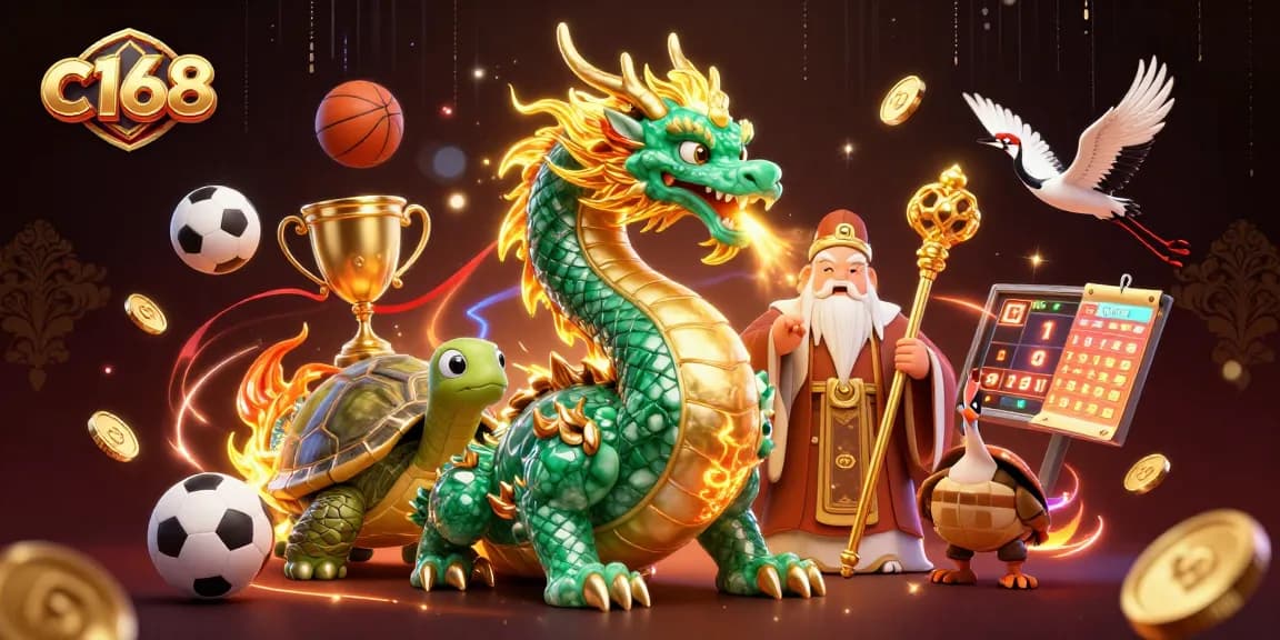 C168 casino illustration featuring a jade dragon, turtle sage, and lucky cranes amidst sports elements.