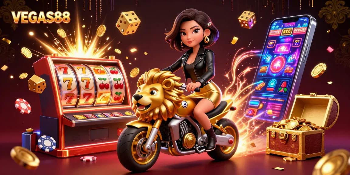 Experience excitement at VEGAS88 with a stunning 3D illustration featuring vibrant slot machines and jackpots.