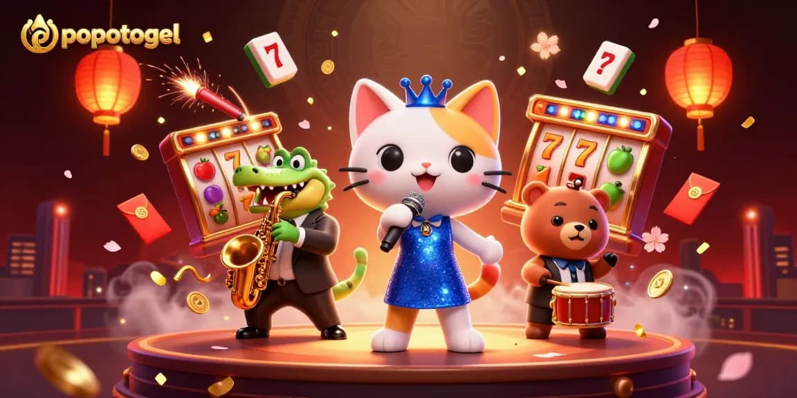 Experience popotogel's vibrant casino atmosphere with characters enjoying slot games and lively interactions.
