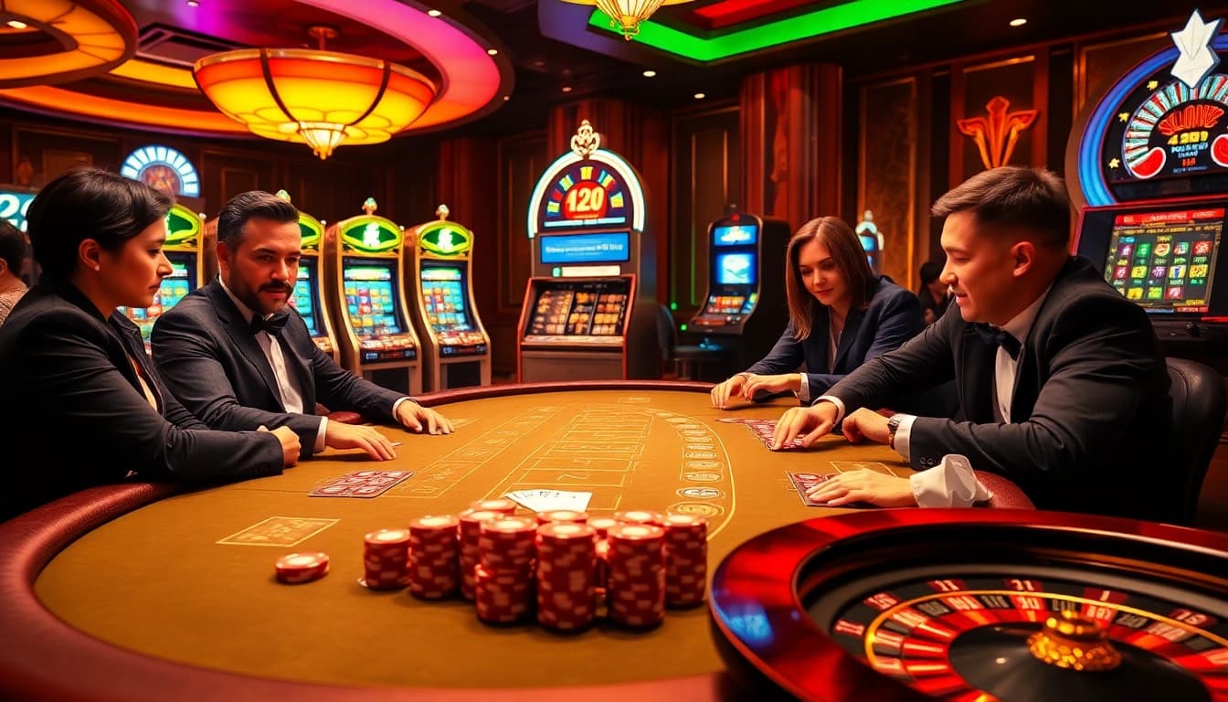 Engaged players enjoying the BJ 888 casino experience at a vibrant gaming table with poker chips and roulette.