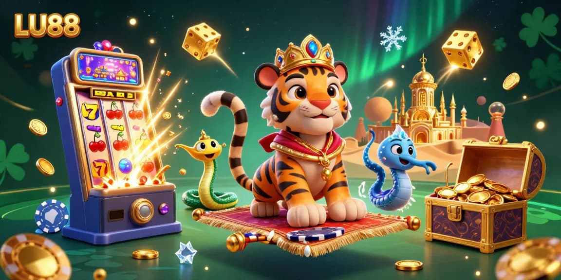 LU88 players spin towards fortune with a vibrant slot machine burst amidst royal casino elements.