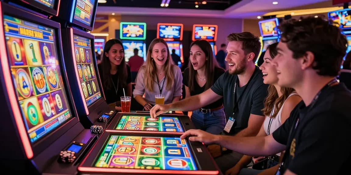 Players engaging with bonus buy slots in a vibrant casino atmosphere, showcasing excitement and colorful slot machine visuals.