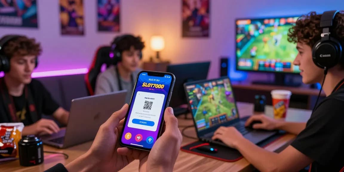 Engaging SLOT7000 online gaming scene with players enjoying the platform on mobile and laptop devices.
