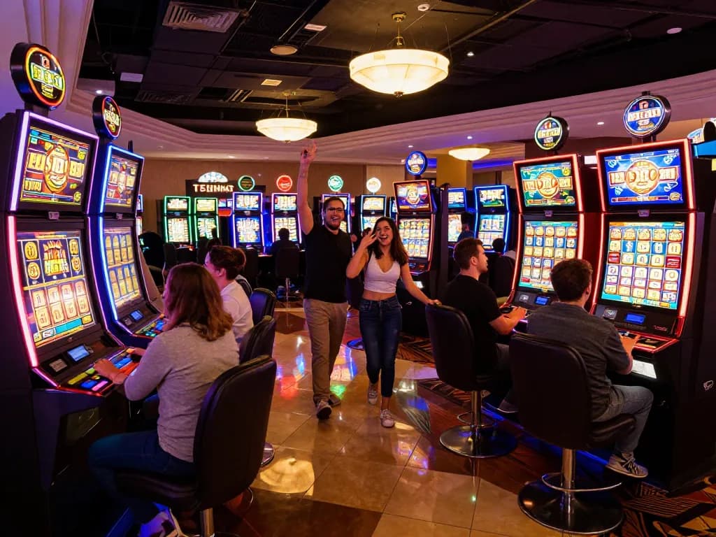 Players enjoying slots at du88 casino with vibrant neon lights and joyful celebration.