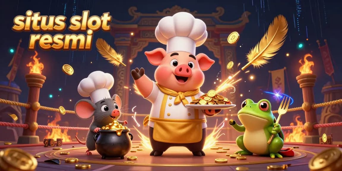 Spark excitement at situs slot resmi with a pig chef serving gold coins among a vibrant casino atmosphere.
