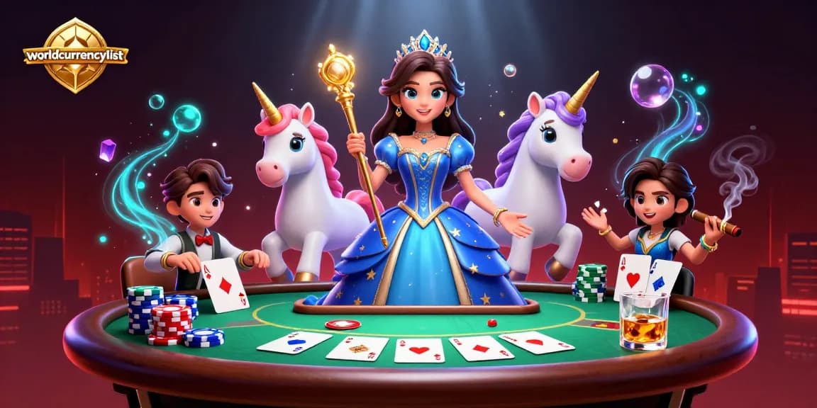 Engage with worldcurrencylist at this vibrant casino scene featuring poker elements and enchanting characters.