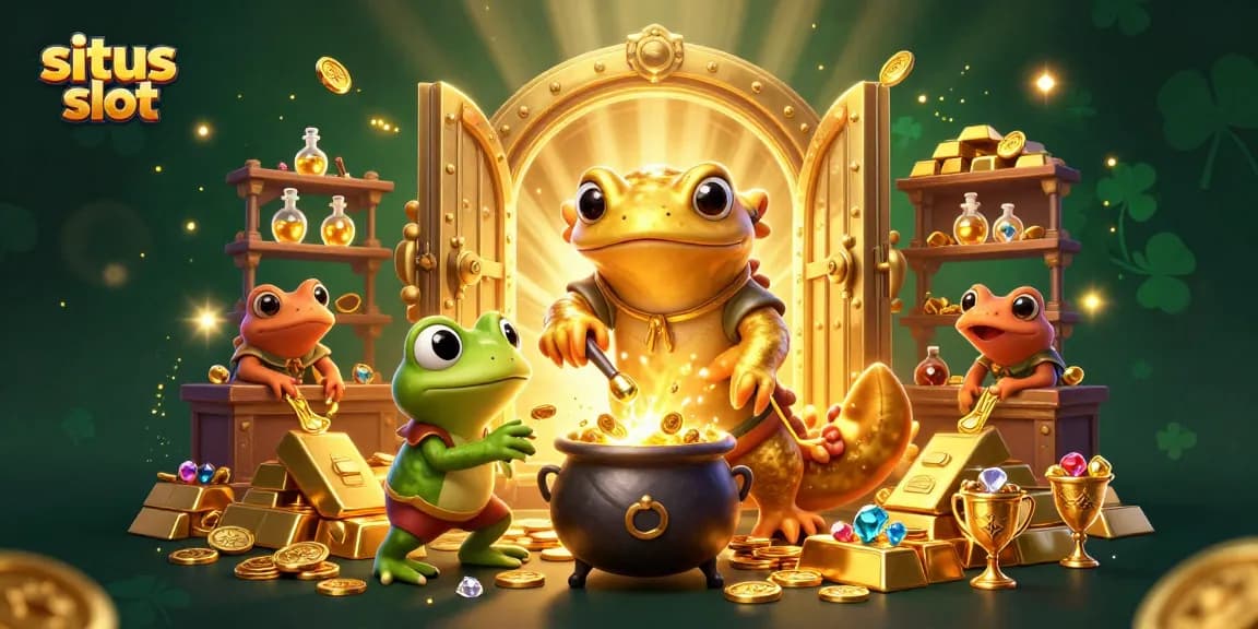 Menggambarkan situs slot dengan karakter alkemis dan elemen kasino, penuh dengan perhiasan dan koin emas.