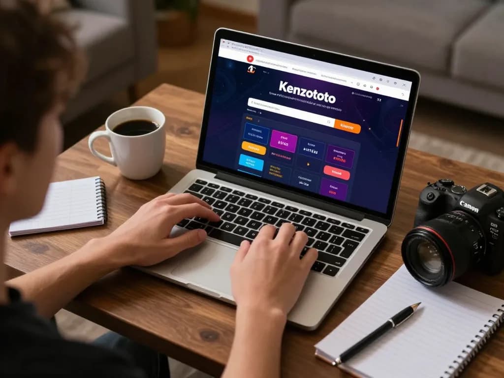 Pemain berinteraksi dengan login Kenzototo di laptop dalam suasana rumah yang nyaman, catatan strategi di samping.