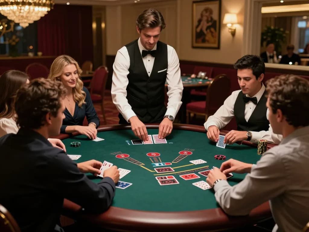 F8BET players strategizing at a blackjack table in an upscale casino atmosphere
