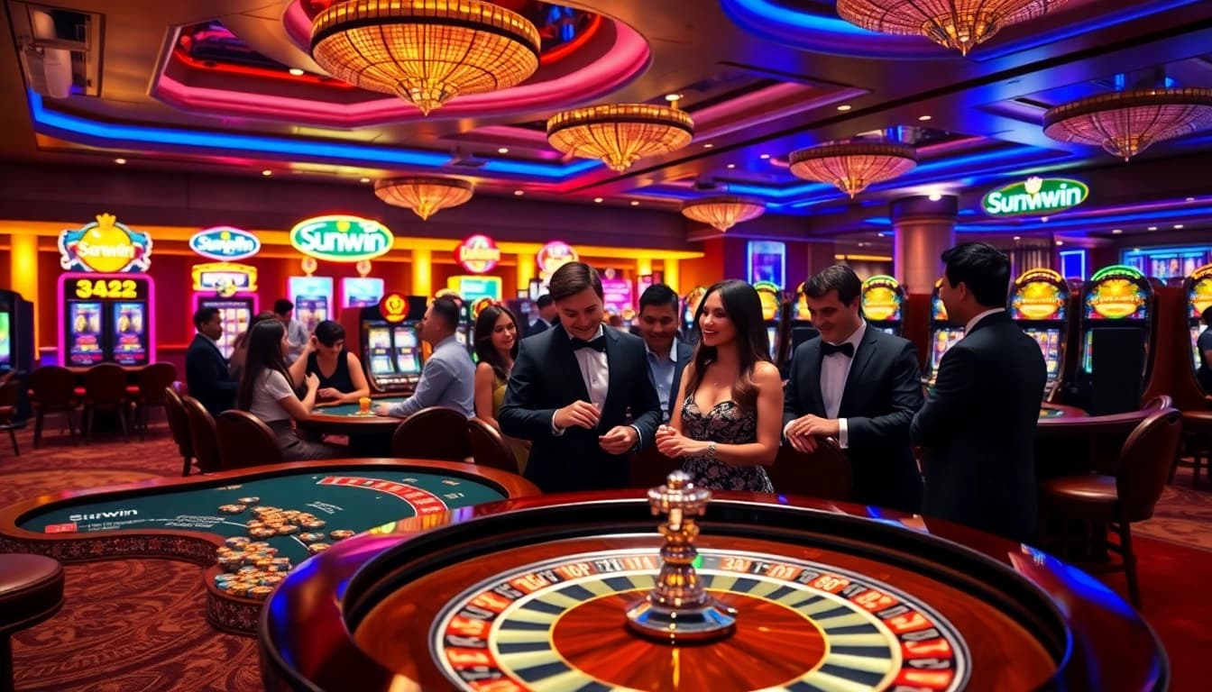sunwin players enjoying a vibrant casino scene with roulette and slot machines