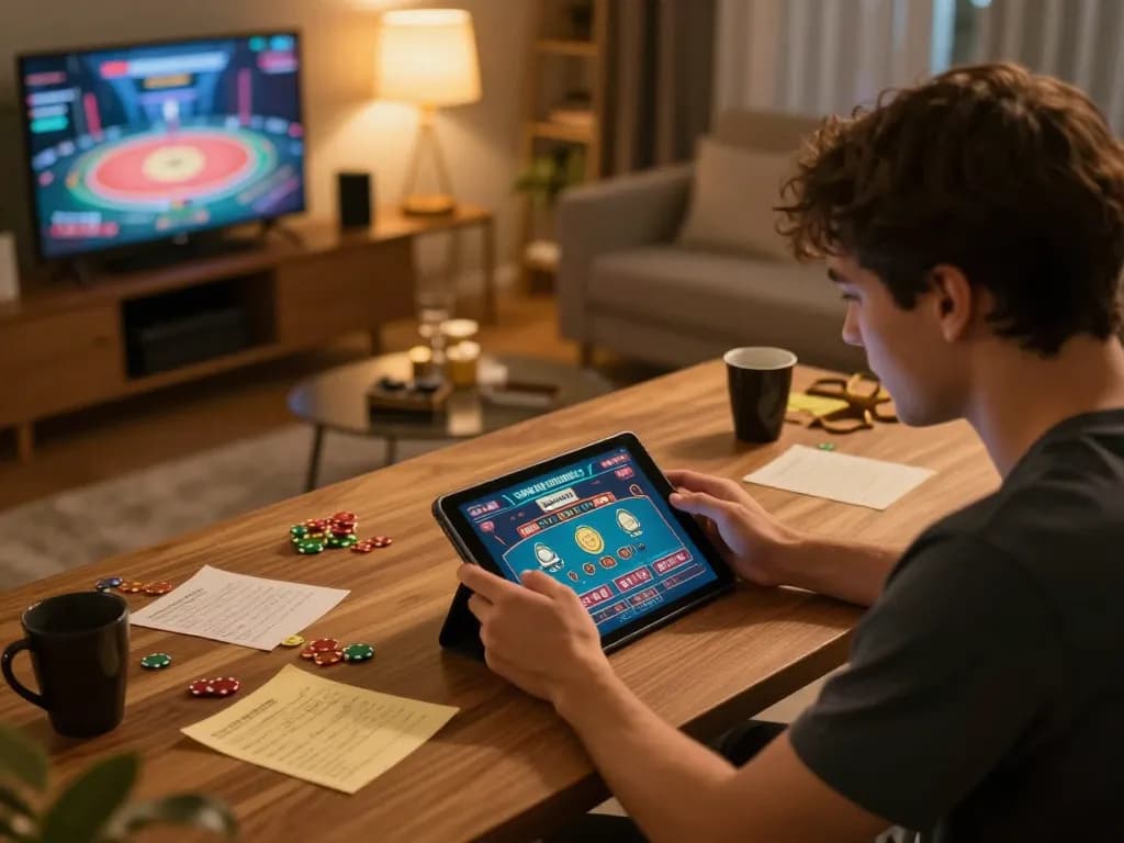 hm88 player engaging in online betting with tablet showcasing gameplay