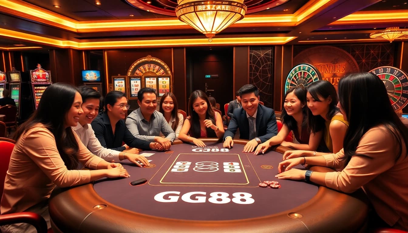 Gamblers enjoying a high-stakes game at the GG88 poker table in a luxurious casino setting.