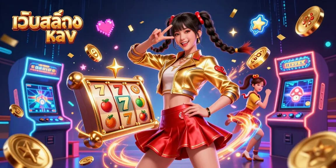 Engage with เว็บสล็อตตรง and win with vibrant slot reels, confetti, and a cheerful Asian woman in a casino.