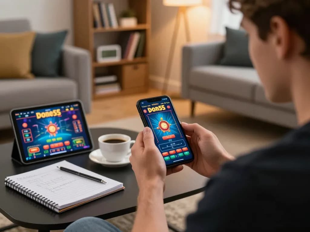 Engaged player exploring the done55 game on a smartphone, showcasing a cozy home gaming atmosphere.
