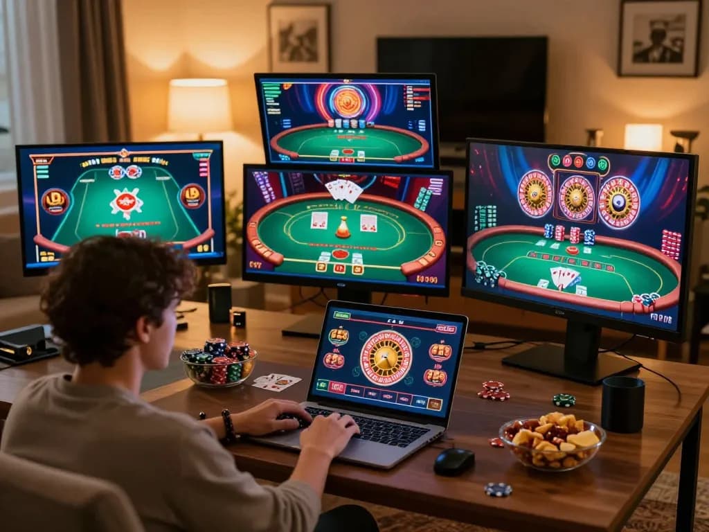 Player strategizing for online casino games on laptop while sipping coffee at home, focusing on lsa.