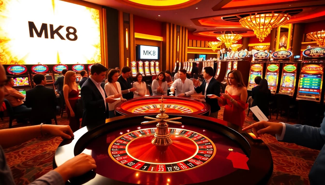 Players enjoy the thrill of MK8 at a luxurious casino roulette table filled with excitement and betting action.