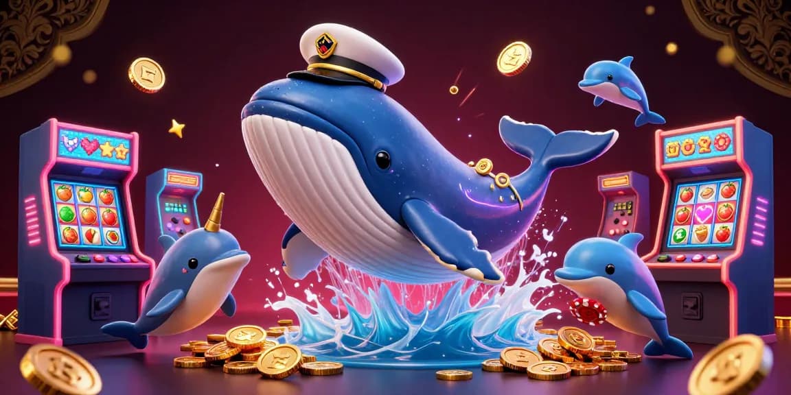 Experience the excitement of bayi toto slot with a whale, narwhal, and dolphins in a vibrant casino scene.