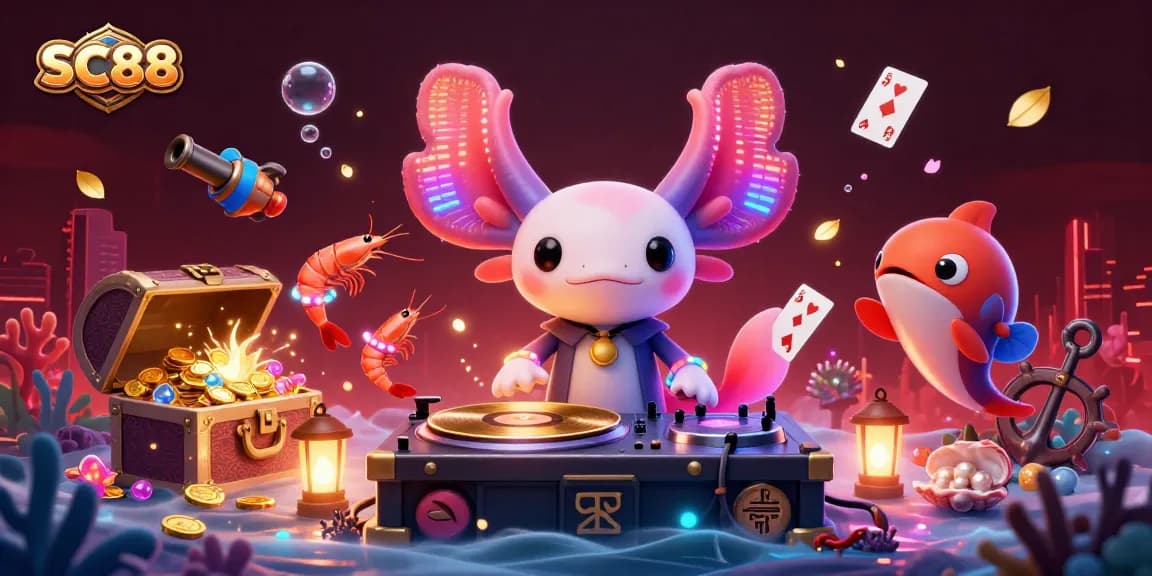 Engage with SC88 in this vibrant underwater casino scene featuring a neon axolotl DJ and a lively dance crew.
