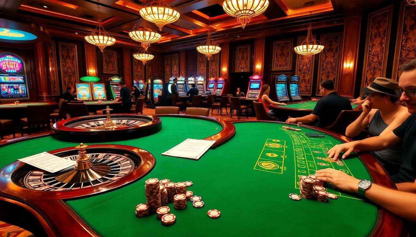 Suasana kasino yang hidup di https://kingarthurcafe.com/menu menampilkan pemain yang terpesona oleh rolet dan mesin slot.