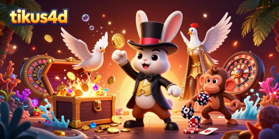 Tikus4d offers thrilling gaming experiences, featuring a magician rabbit, dove, and monkey in a vibrant casino scene.