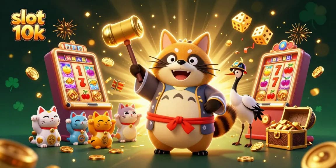 Win big with slot 10k in a vibrant casino scene featuring characters and jackpot elements.