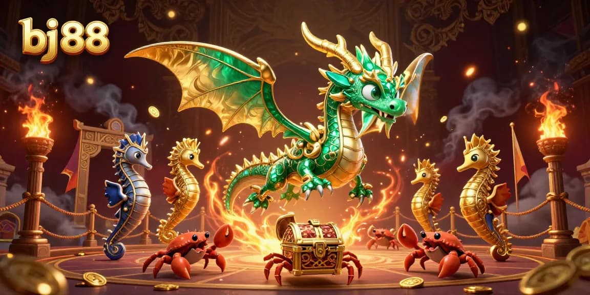 Experience the thrill of bj 88 with a vibrant scene featuring exciting casino elements and a majestic sea dragon.