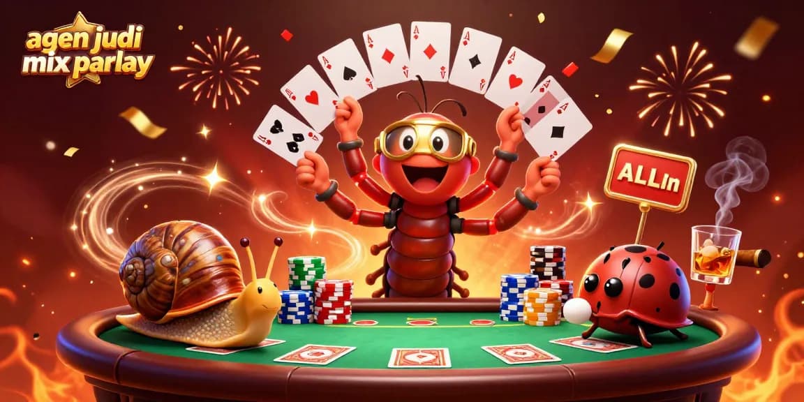 Engage with agen judi mix parlay as a snail pushes chip stacks amidst a festive casino scene.