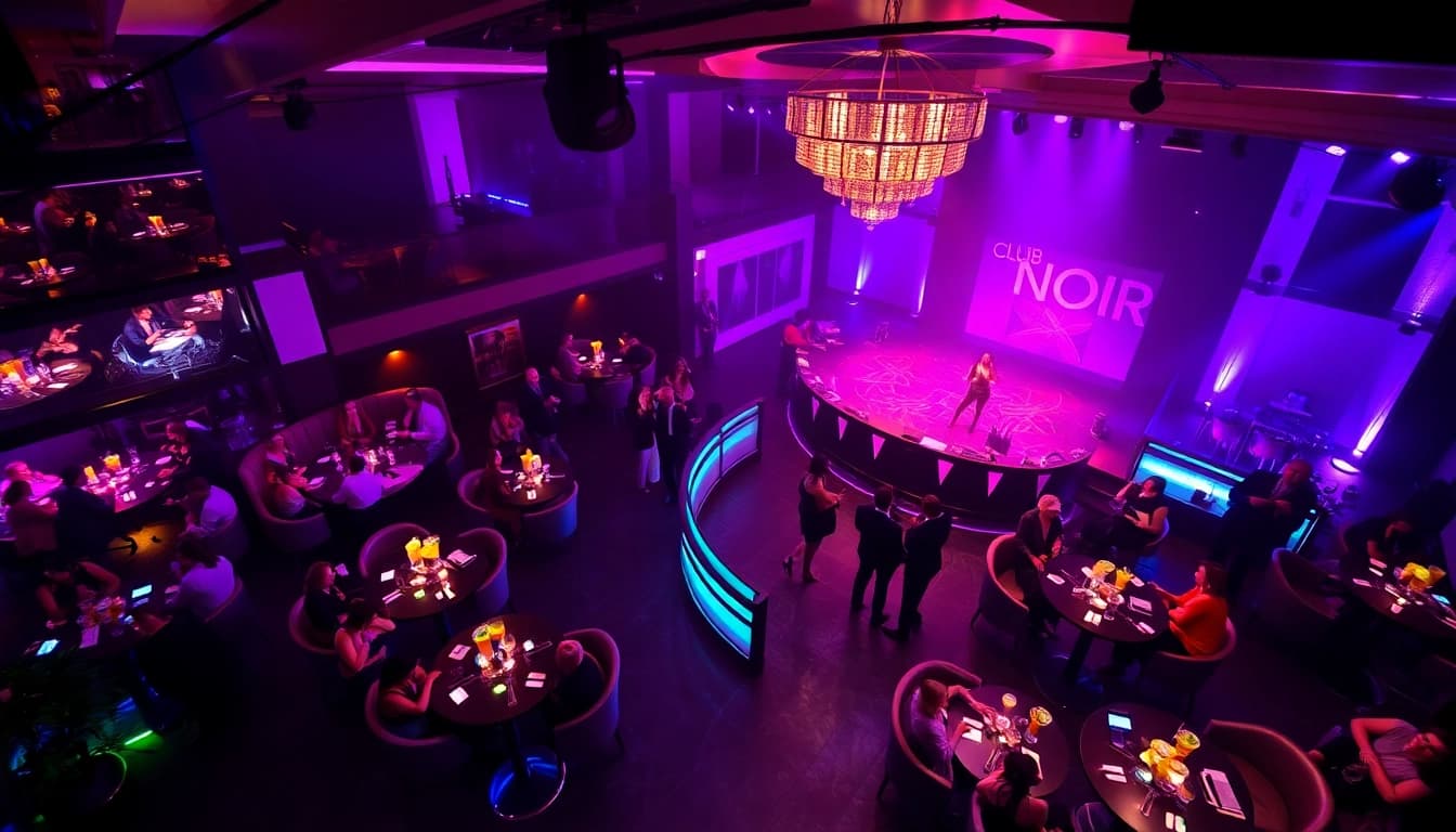 Night club sxm scene at Club Noir with dancers, cocktails, and vibrant lighting.