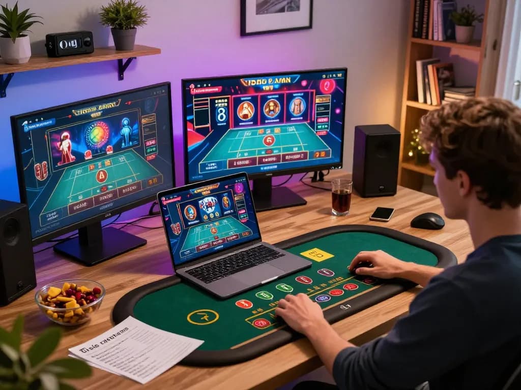 Sesi permainan situs toto di rumah, terlibat dalam permainan dealer langsung di laptop.