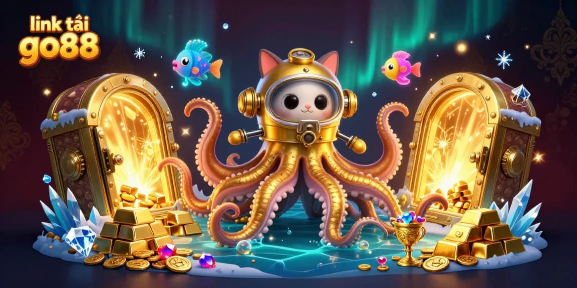 Win big with link tải go88 in a treasure-filled ocean featuring a kraken and diving cat.