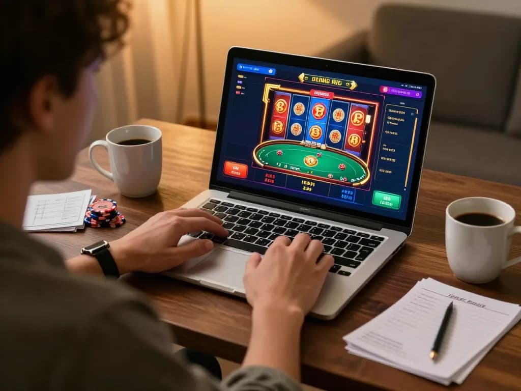 Engaged player strategizing with 98win online casino games on a laptop.