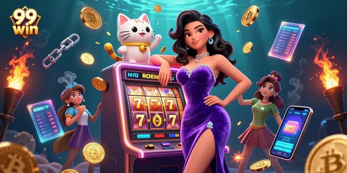 Engage in thrilling slots with 99 win at a vibrant casino showcasing jackpots and animated characters.