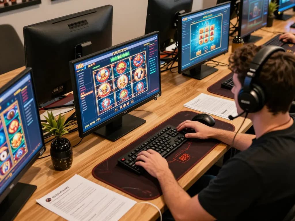 Player engaged in dynamic online casino gaming with okfun, focusing on poker and slots interface in a modern workspace.