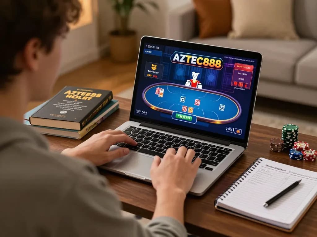 Online gaming on AZTEC888, showcasing a player engaging in strategic slot gameplay at home.