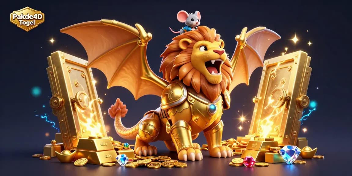 Engage with Pakde4D Togel in an ultra-detailed 3D illustration showcasing a chimera amidst treasures and vibrant effects.