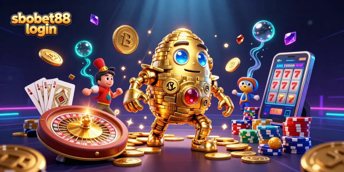 Engage with sbobet88 login in a vibrant, ultra-detailed casino scene filled with golden golems and dynamic gaming elements.