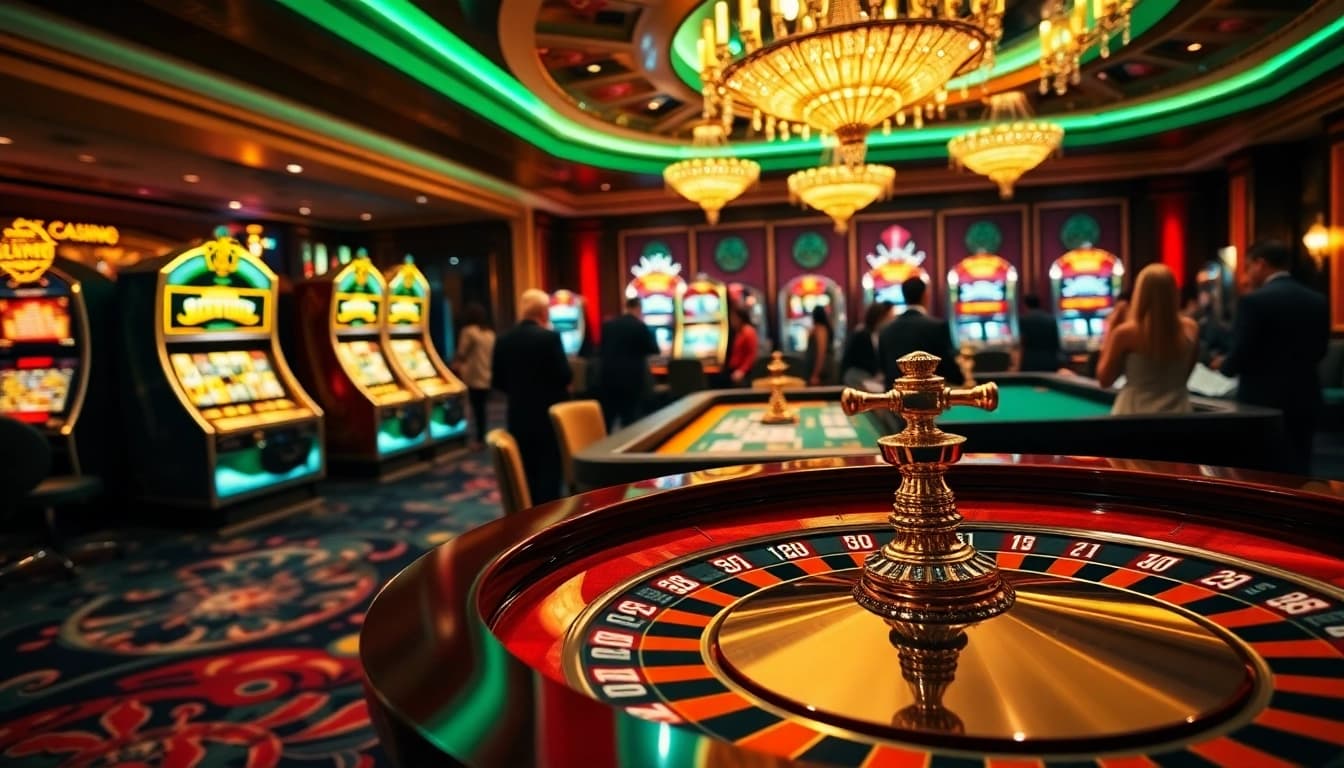 Players enjoying high-stakes games at Luckwin Casino with a vibrant roulette table and slot machines.