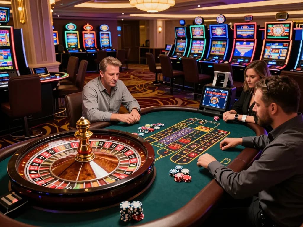 Players engaging in thrilling gameplay at casinos not on gamstop, featuring vibrant roulette table and slot machines.