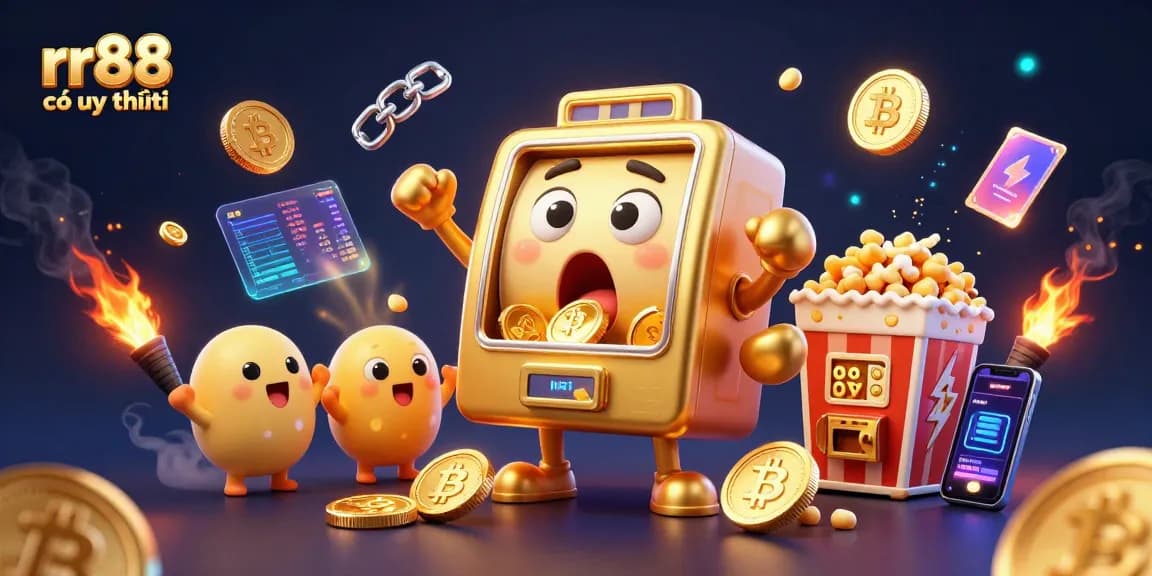Spin and win at rr88 có uy tín with a golden slot machine and crypto elements bursting with excitement.