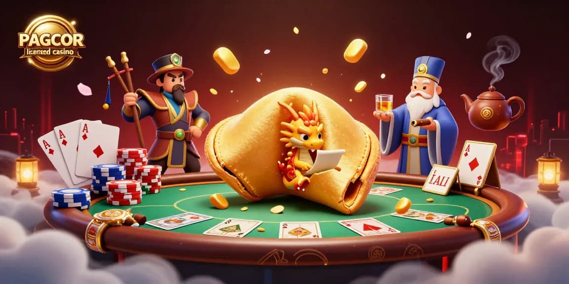 PAGCOR licensed casino scene showcasing a giant golden fortune cookie with a wise dragon, vibrant poker elements, and dynamic guardians.